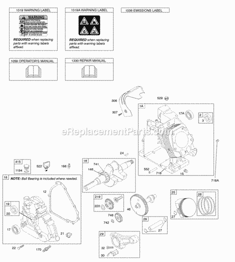 Camshaft Crankcase Cover Crankshaft Cylinder Lubrication OperatorS Manual PistonRingsConnecting Rod Warning Label Diagram and Parts List for 20L132-0110-G1  Briggs and Stratton Engine